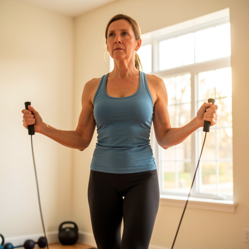 older woman jumping rope at home